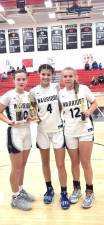 Ciara Newton, #4, was named the tournament MVP and Amanda Aragona, #12, was named to the all tournament team. Jordan Dickerson, #10, holds the team’s championship trophy.