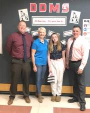 L-R: Delaware Valley Assistant Superintendent Dr. Jayson Pope, Rotary member Christine Kerstetter, Chloe Magee, and Dingmans Delaware Middle School Principal Brian McCarthy