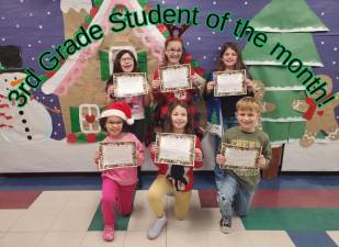 Dingman-Delaware Elementary School third-grade Students of the Month for December. L-R Front: Valencia Palughi, Zendaya Buccieri, and Tye Buter. L-R Back: Avery Melendez-Sanborn, Emily Winslow, and Blythe Helms. Not pictured: Elina Shakhnazarov and Logan Barnes.