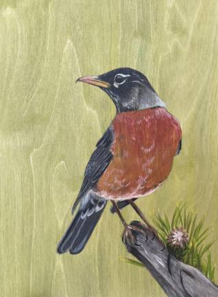 Lyons piece: “Where are you Robin?,” acrylic on wood.