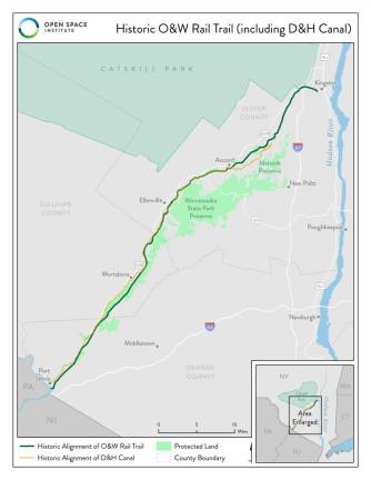 The proposed O&amp;W Trail Corridor map, running from Kingston, NY, in Ulster County to Port Jervis, NY, in Orange County.