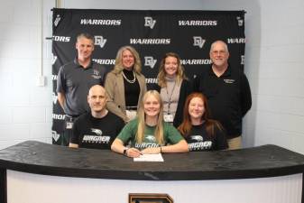 L-R Front: George Sykes, Kayla Sykes, and Megan Sykes. L-R Back: DVHS Athletic Director Sean Giblin, assistant field hockey coach Cristin Cavallaro, head field hockey coach Marielle Cohen, and DDMS field hockey coach Dave Koretz.