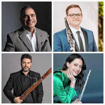 The members of Frisson Winds: Tom Gallant on oboe, Bixby Kennedy on clarinet, Taylor Smith on bassoon, and Anna Urrey on flute.