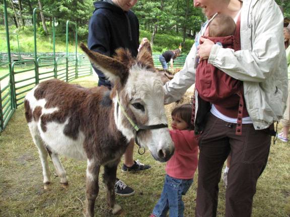 Photo by Jerry Goldberg Rebecca Rand and her mother Kendra pet the Sicilian donkey at a past Farm Day.