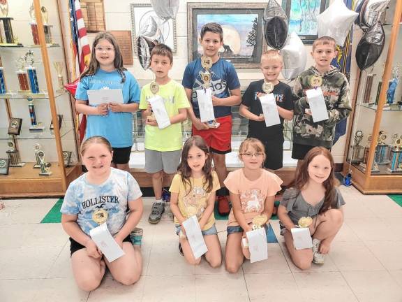 L-R Back: Dingman-Delaware Elementary School students Veronica Shiner, Matthew Doherty, Brett Luhrs (overall winner), Jayden Young and Kole Odynsky.L-R Front: Kara Odynsky, Charlotte Reynolds, Riley Marrese. and Holly Aber.