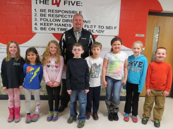 Third Grade Students of the Month: Ryan O'Connor, Scarlett Weir, Amber Weed, Ryan Crowley, Ben Bailor, Jayla Koller, Katharine Quinn, Jackson Romer with DVES Principal Aaron Weston. Not Pictured: Ava McAveney.