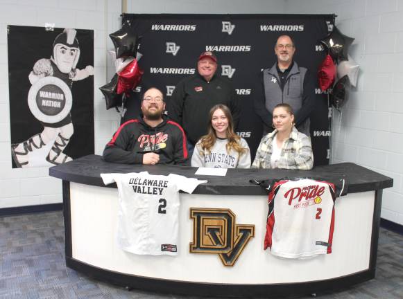 L-R Front: Brian Sherwood, senior Ashlynn McCardle, and Kristina Harrelson. L-R Back: Pocono Pride coach Bob Triano and assistant softball coach Tony Bajo.