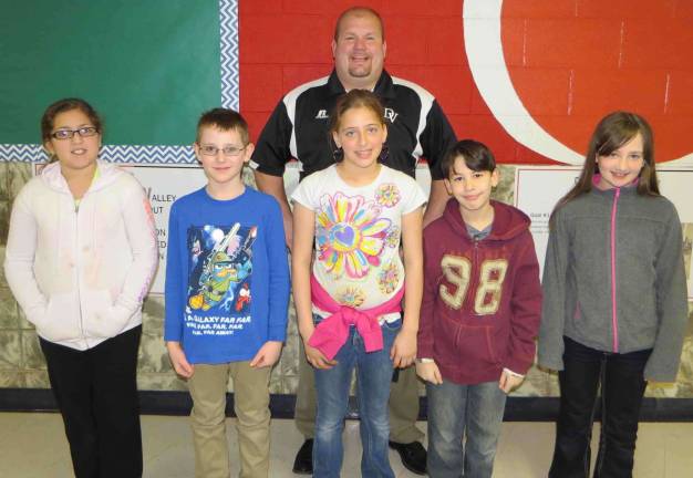 Fourth Grade Students of the Month: Aneliesa Aponte, Evan McDermott, Nicole Skelenger, Isaac Thomas and Delaney Prince with DVES Principal Aaron Weston. Not pictured: Brandon Ryan.