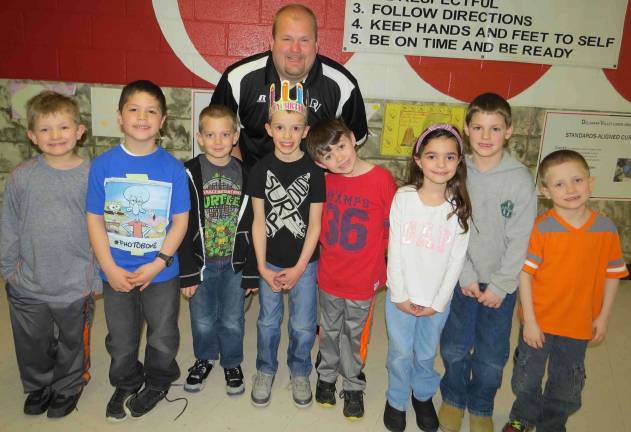 First Grade Students of the Month: Joseph Cuebas, Henry Parker, Adam Alfieri, Colin McGarvey, Gideon Yost, Isabella Seidel, Rylee May, Aiden Snyder with DVES Principal Aaron Weston.