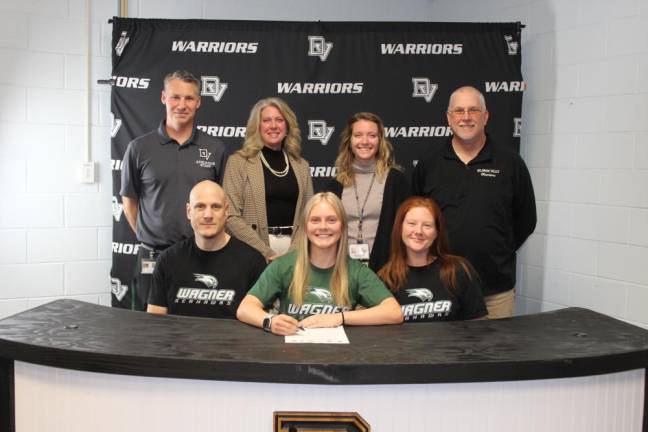 L-R Front: George Sykes, Kayla Sykes, and Megan Sykes. L-R Back: DVHS Athletic Director Sean Giblin, assistant field hockey coach Cristin Cavallaro, head field hockey coach Marielle Cohen, and DDMS field hockey coach Dave Koretz.