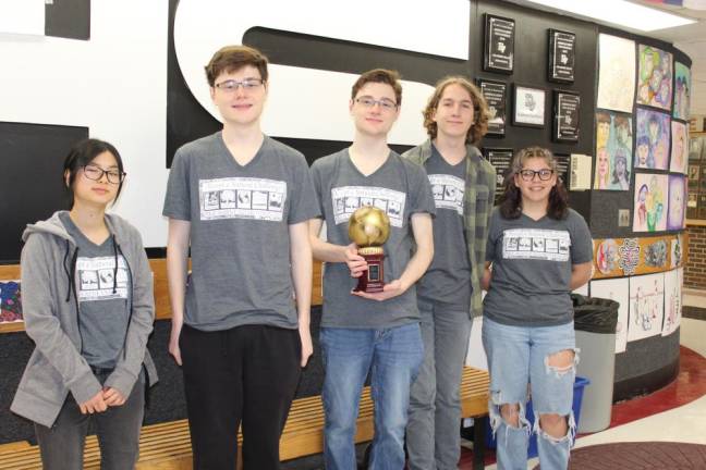 Delaware Valley High School’s Environmental Club Envirothon team of (left to right) Mutsuka Sumitomo, Luke Mauro, Erik Mauro, Jackson Hancock and Victoria Depew won the Pike/Wayne Envirothon and have qualified to compete at the state level in May. The Warriors dominated the competition by winning four of the five stations and overtaking Wallenpaupack by more than 100 points to win for the first time in more than a decade. Photo provided to Leslie Lordi/Delaware Valley High School.