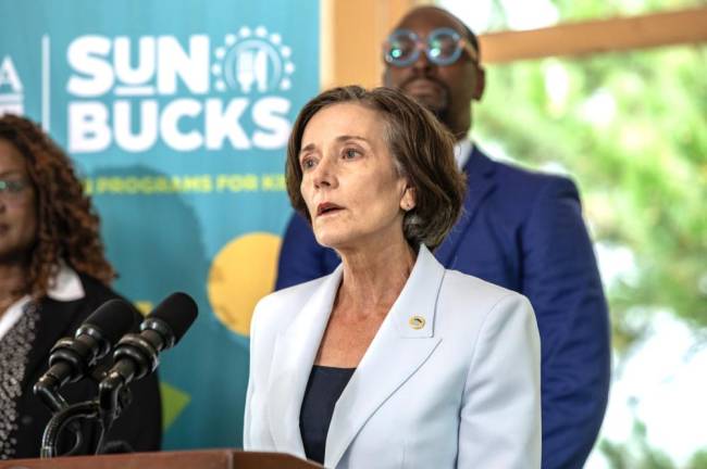 At an August 8 press conference, Department of Human Services Secretary Dr. Val Arkoosh highlighted the SUN Bucks program, a new federal summer food program for children that can be used to purchase fresh food and groceries at retailers around Pennsylvania.