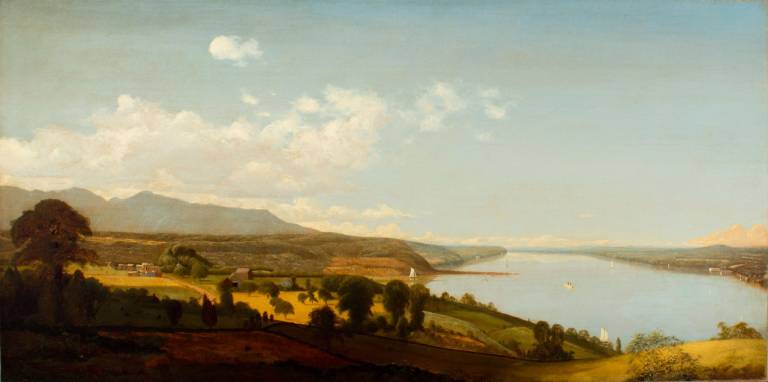 Jervis McEntee's &quot;View on the Hudson Near the Rondout&quot; (n.d., oil on canvas, 25 x 50 in., Collection of Richard Sharp), one of the many original pieces on display at the Samuel Dorsky Art Museum.