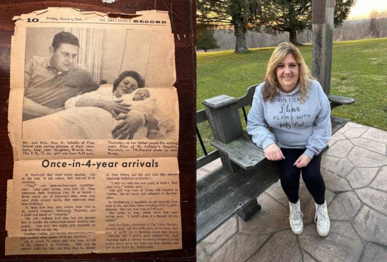 $!“The best thing is that I don’t get older,” joked the Pine Island, N.Y. resident. Pictured is a clip from the <i>Times Herald Record</i> of Brenda and her parents 56 years ago, when she was one day old.