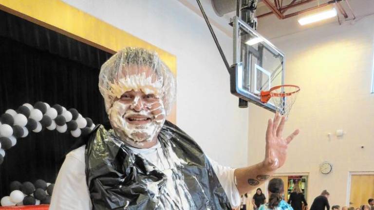 DVES second grade teacher BJ Zielinski with just a smidge of pie on his person.